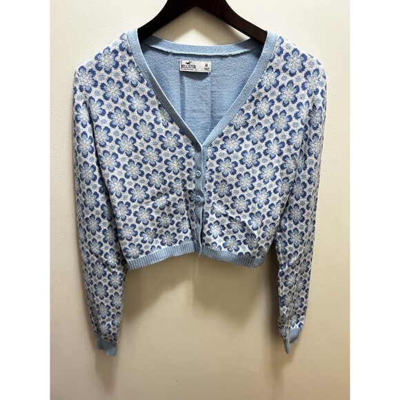 Hollister Blue Floral Cardigan M Cropped Knit Button Y2K Indie Twee Sweater - Picture 1 of 3